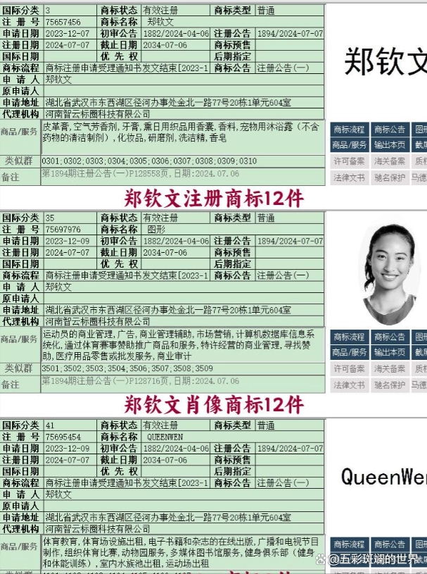 郑钦文已注册40件商标